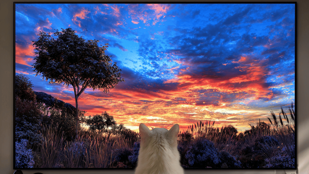 Witte kat kijkt naar een zonsondergang op een van de grootste tv’s in een moderne woonkamer