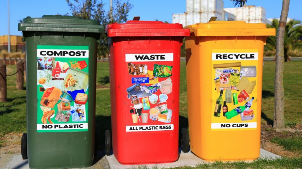 Drie afvalcontainers voor compost, restafval en recycling met duidelijke labels en voorbeeldafval

